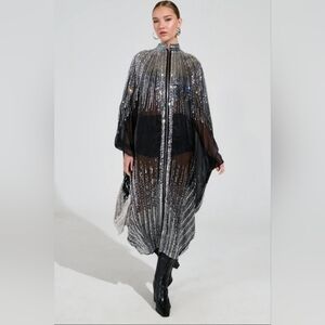 AKIRA SPARKLE SHINE BLACK SILVER EMBELLISHED SEQUIN KAFTAN MAXI DRESS BLOUSE O/S